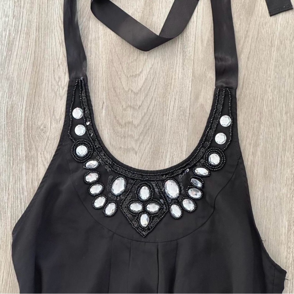 Black Beaded Halter Mini Dress Backless Y2K Cocktail Dress Size M